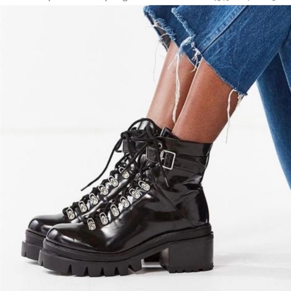 Jeffrey Campbell Czech Moto Combat Boots Black Patent Chunky Platform 8.5